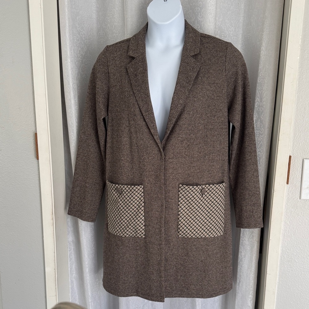 HARLYN Women's Brown Coat with Patterned Pockets Sz: M
